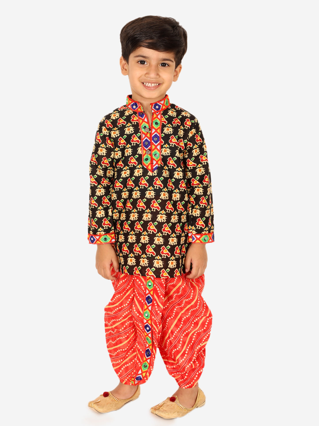 BownBee Printed Cotton Kurta with Dhoti for Boys- Black