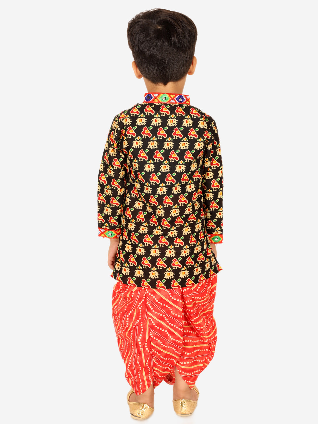 BownBee Printed Cotton Kurta with Dhoti for Boys and Halter Neck Printed Cotton Choli With Dhoti for Girls-Black