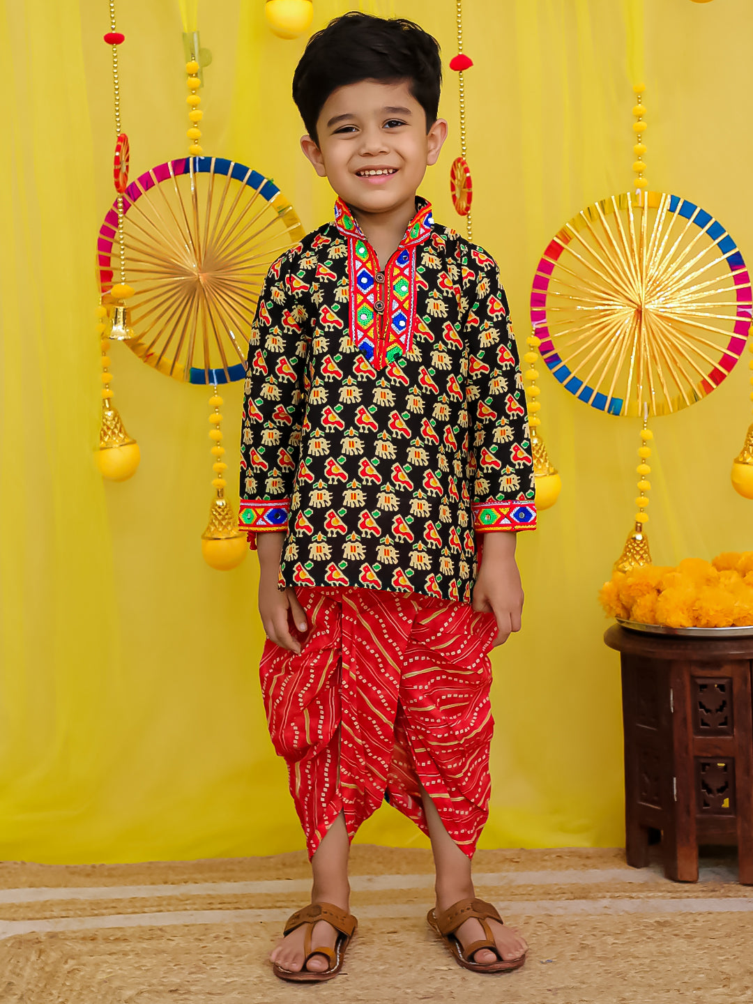 BownBee  Pure Cotton Embroidered Kurta Dhoti set For Boys - Black