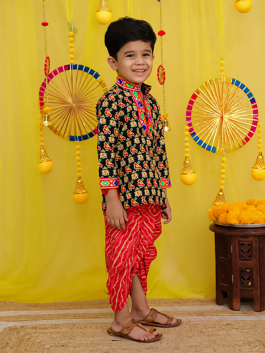 BownBee  Pure Cotton Embroidered Kurta Dhoti set For Boys - Black