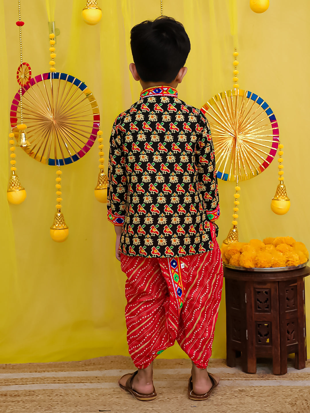 BownBee  Pure Cotton Embroidered Kurta Dhoti set For Boys - Black