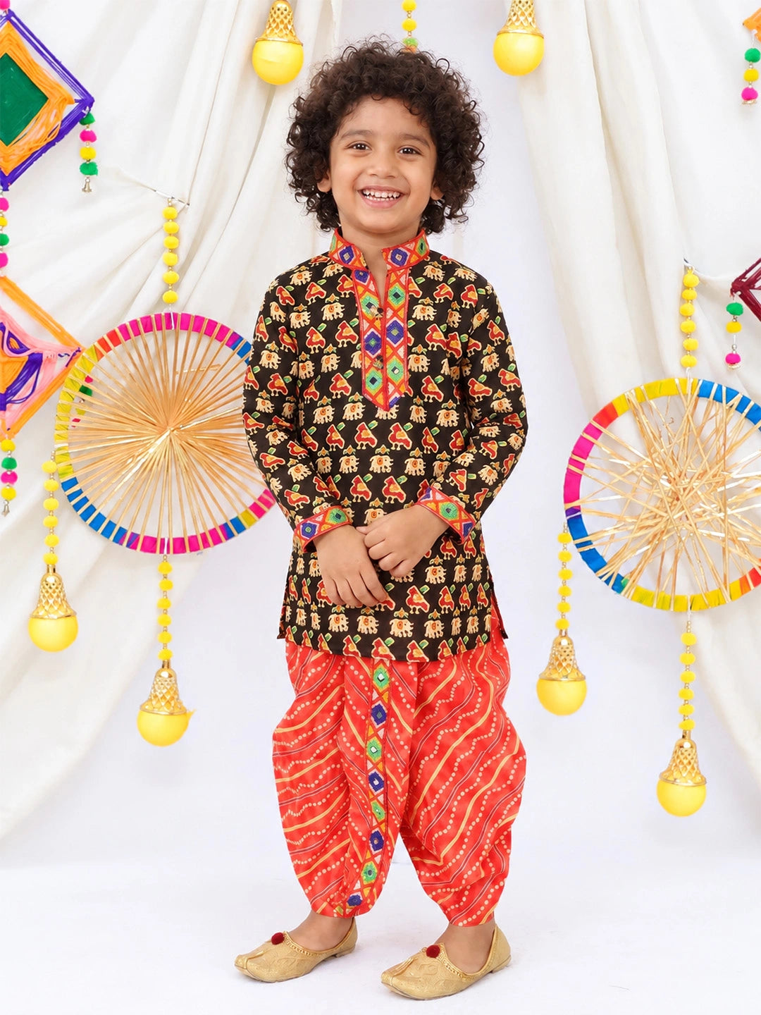 BownBee  Pure Cotton Embroidered Kurta Dhoti set For Boys - Black
