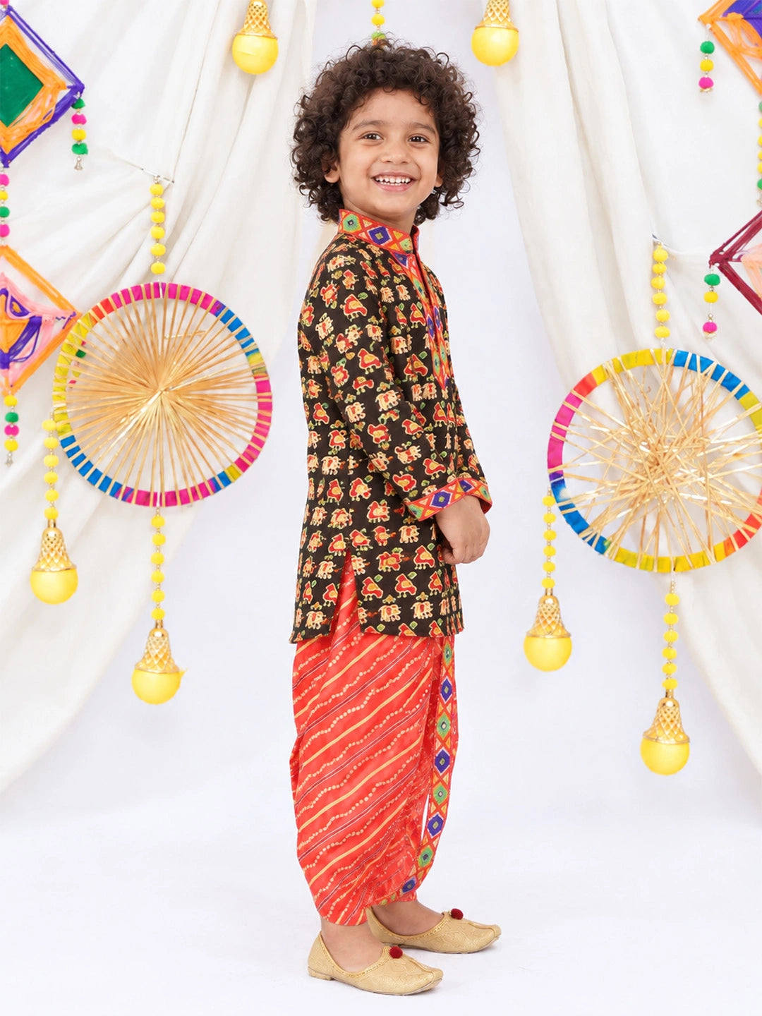 BownBee  Pure Cotton Embroidered Kurta Dhoti set For Boys - Black