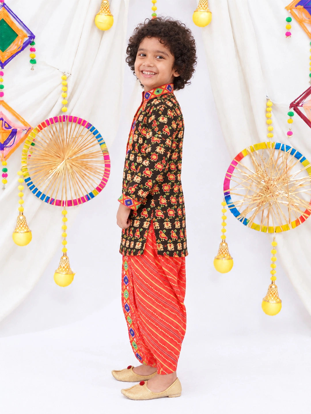 BownBee  Pure Cotton Embroidered Kurta Dhoti set For Boys - Black