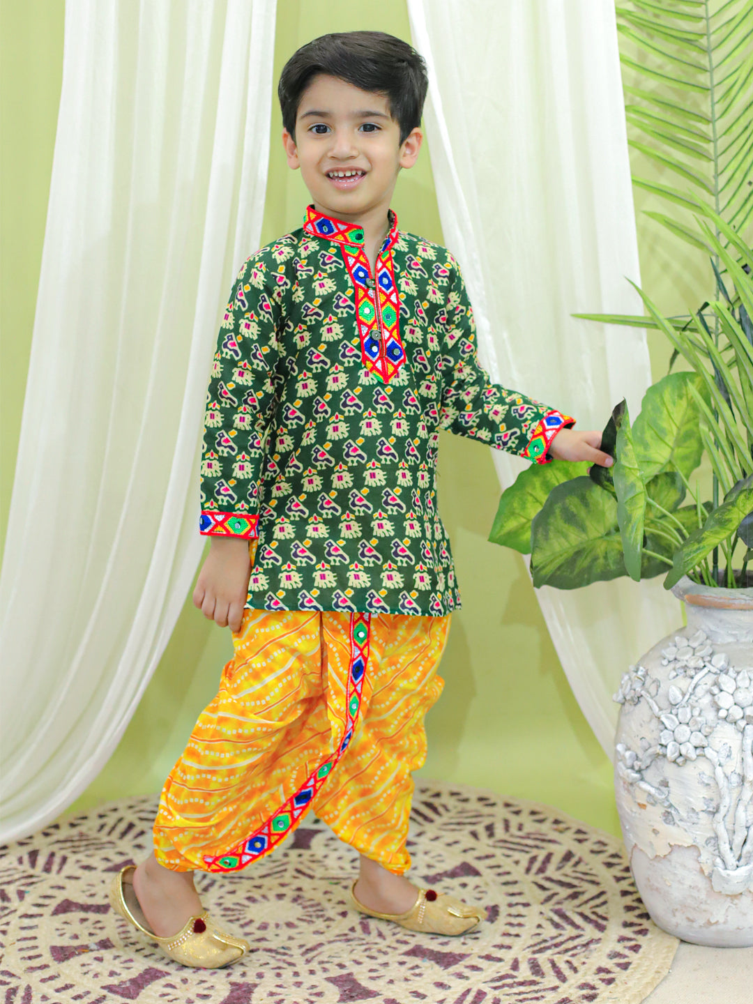BownBee Printed Cotton Kurta with Dhoti for Boys and Halter Neck Printed Cotton Choli With Dhoti for Girls-Green