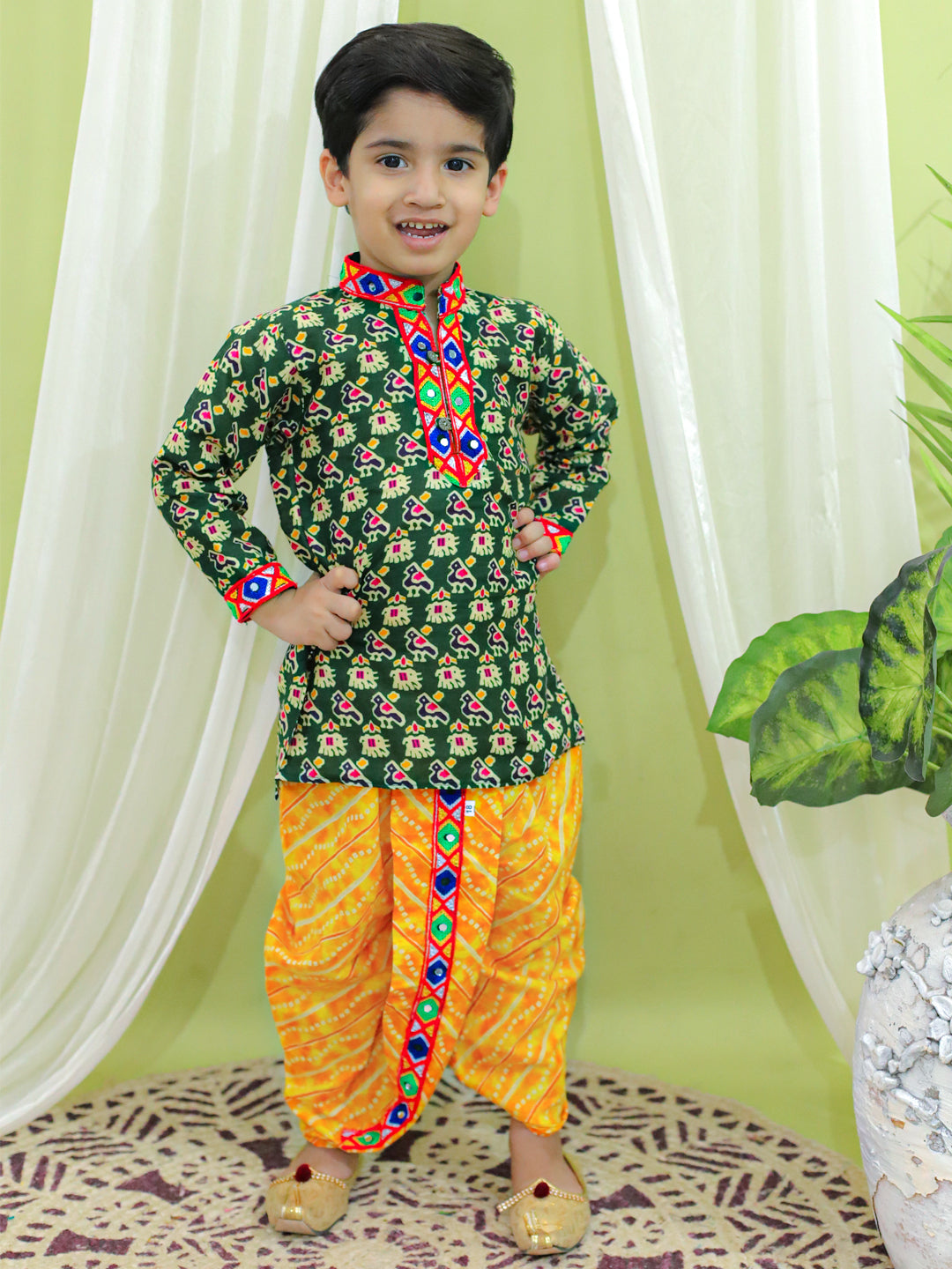 BownBee Printed Cotton Kurta with Dhoti for Boys and Halter Neck Printed Cotton Choli With Dhoti for Girls-Green