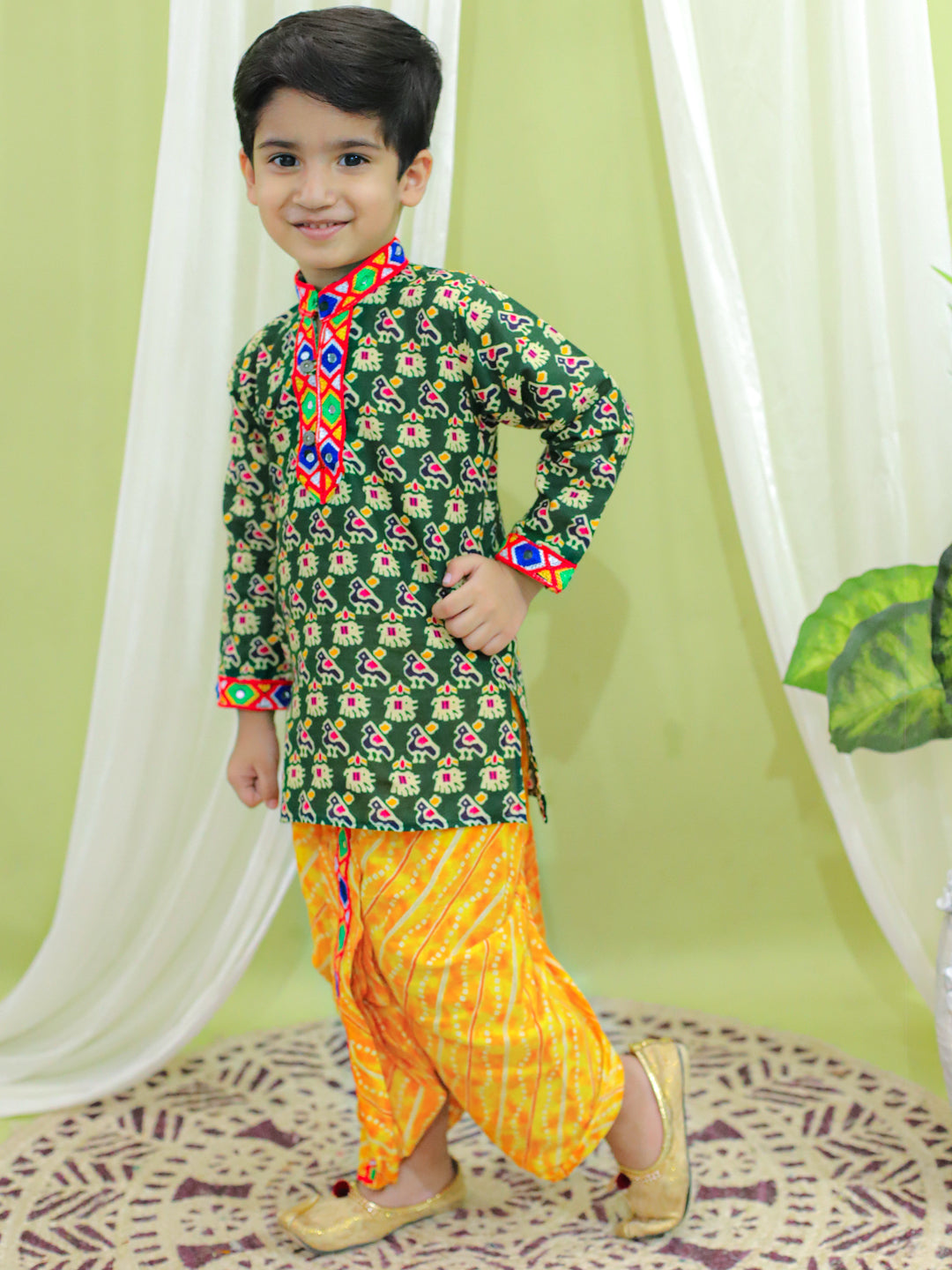 BownBee Printed Cotton Kurta with Dhoti for Boys- Green