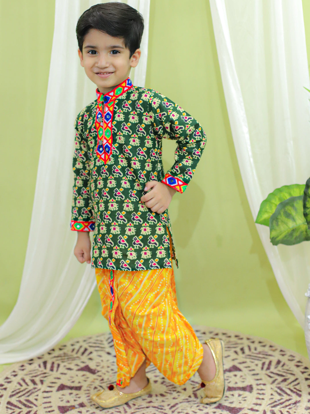 BownBee Printed Cotton Kurta with Dhoti for Boys and Halter Neck Printed Cotton Choli With Dhoti for Girls-Green