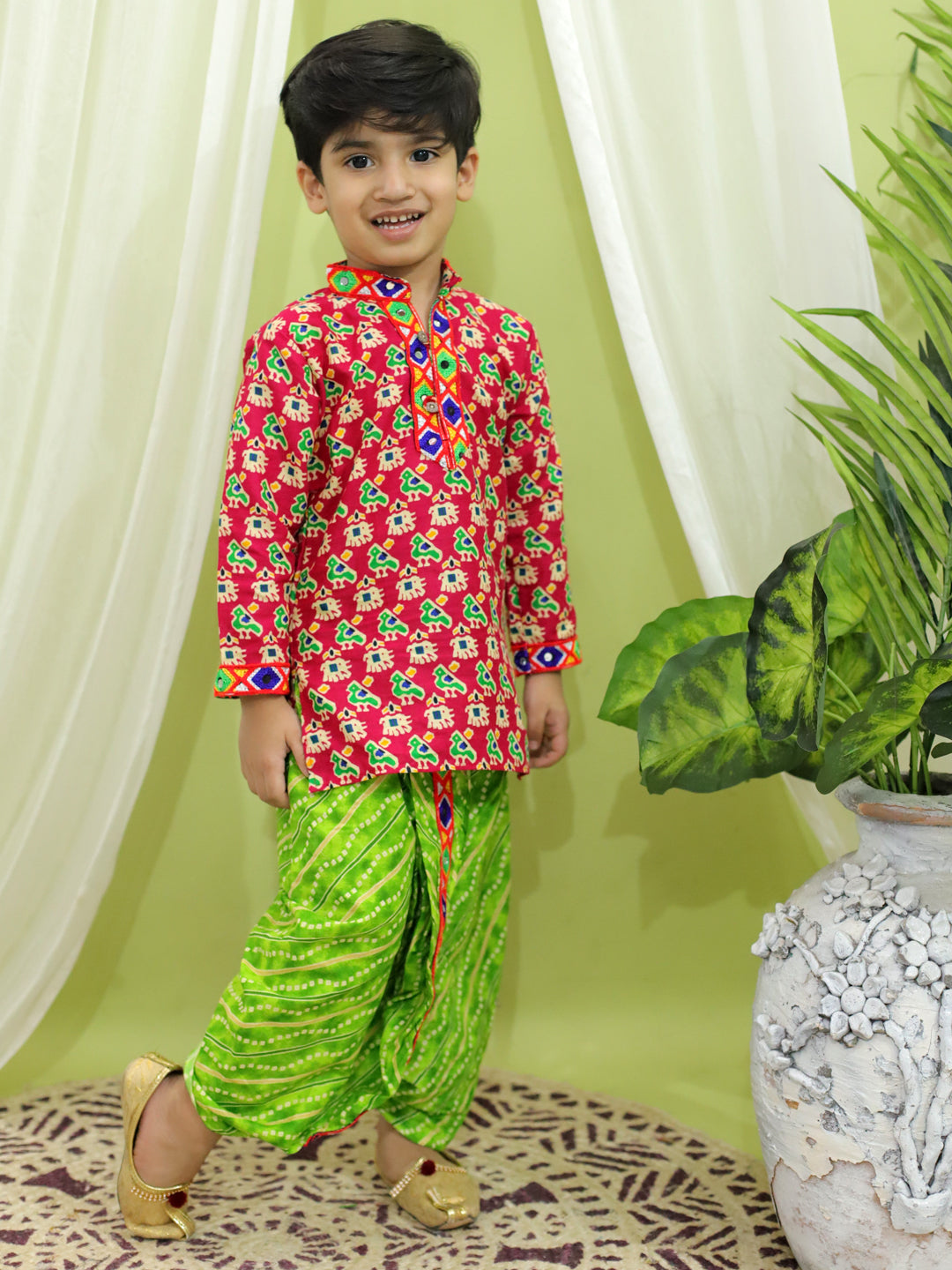 BownBee Printed Cotton Kurta with Dhoti for Boys- Maroon