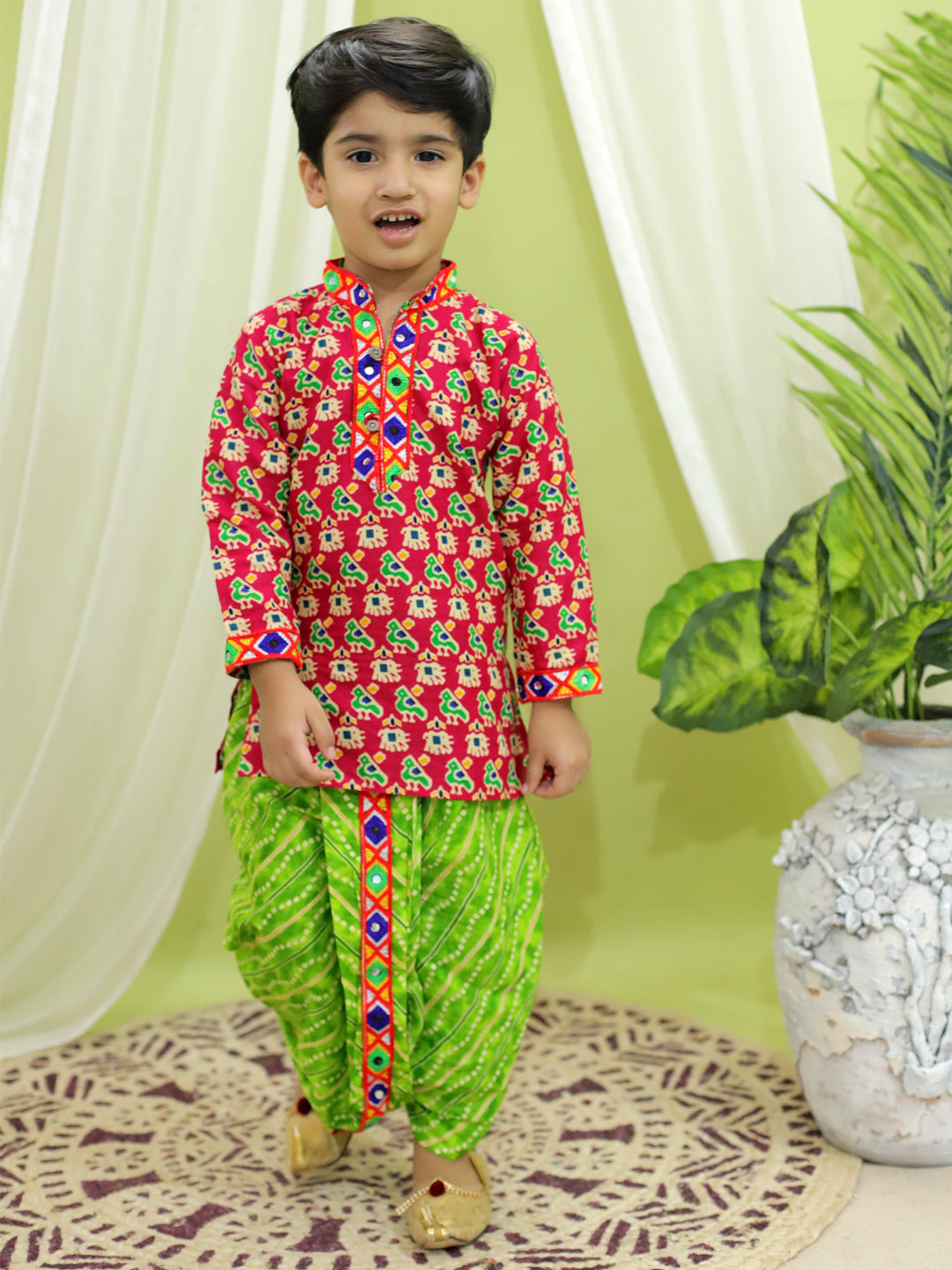 BownBee Printed Cotton Kurta with Dhoti for Boys- Maroon