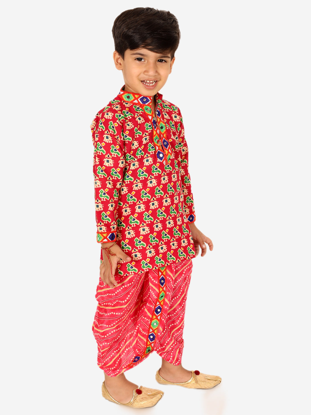 BownBee Printed Cotton Kurta with Dhoti for Boys and Halter Neck Printed Cotton Choli With Dhoti for Girls-Pink