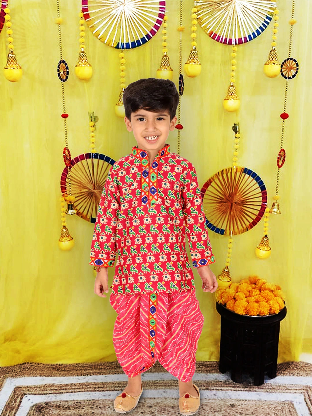 BownBee Printed Cotton Kurta with Dhoti for Boys and Halter Neck Printed Cotton Choli With Dhoti for Girls