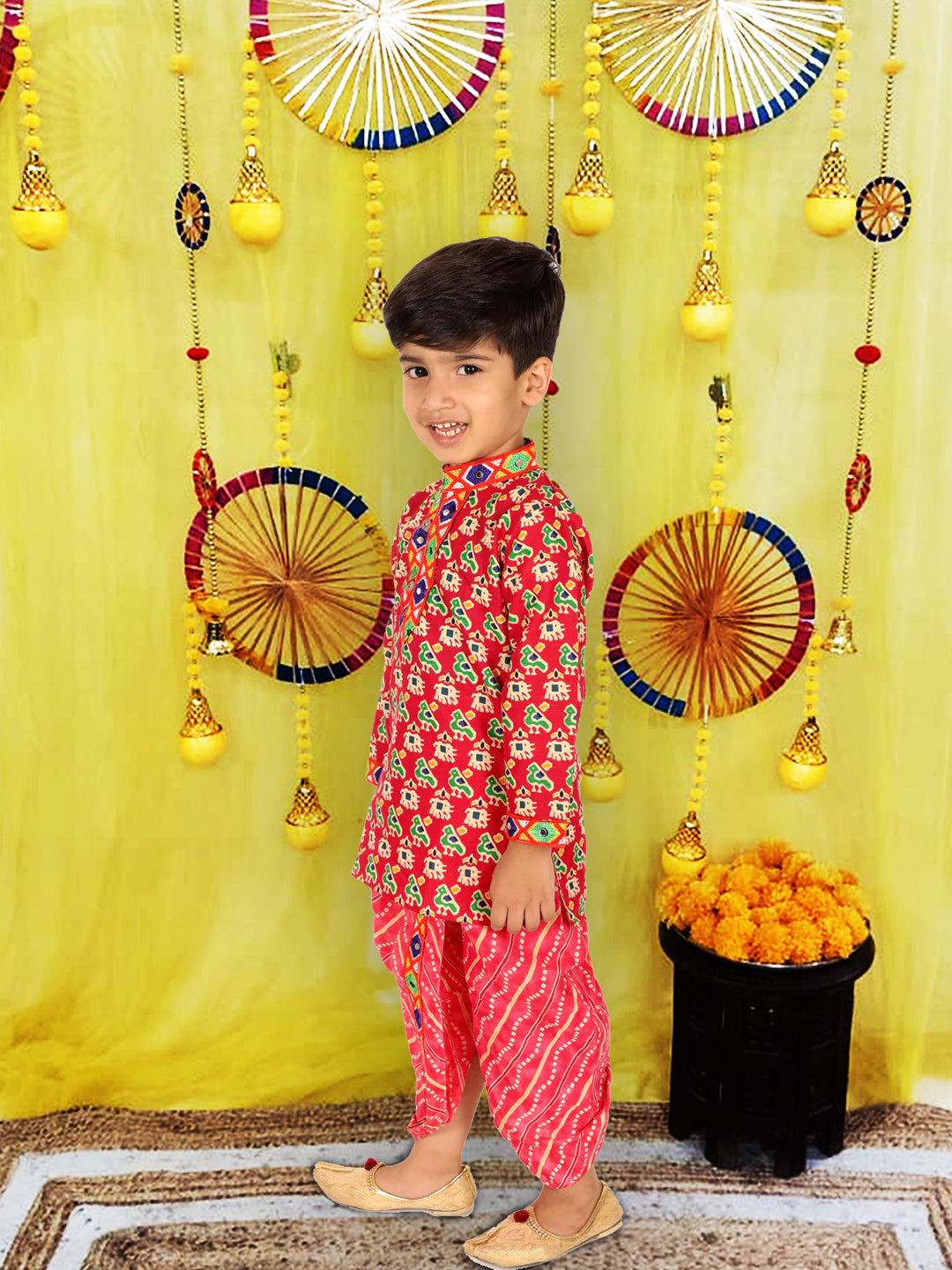 BownBee  Pure Cotton Embroidered Kurta Dhoti set For Boys - Black