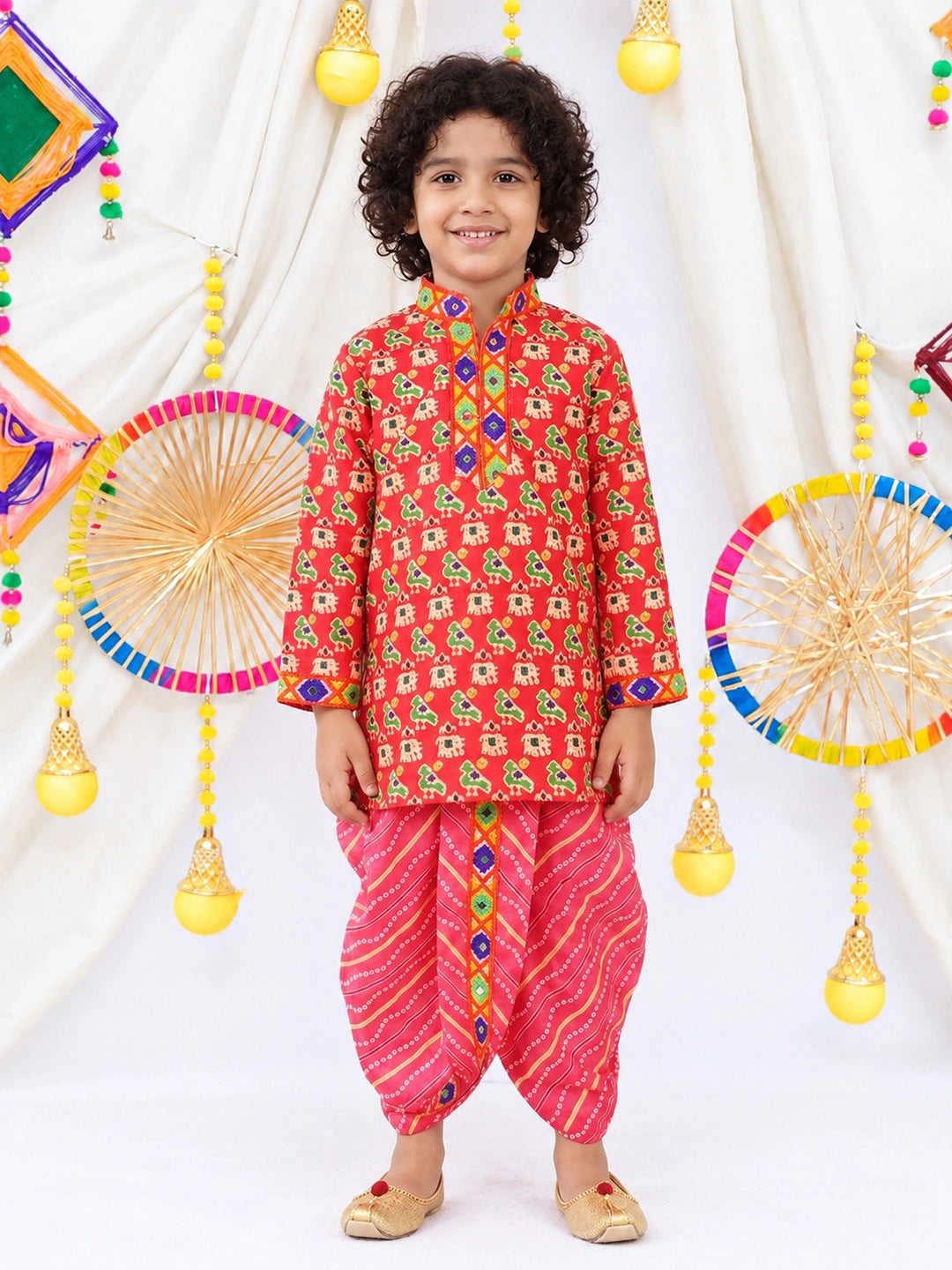 BownBee  Pure Cotton Embroidered Kurta Dhoti set For Boys - Pink