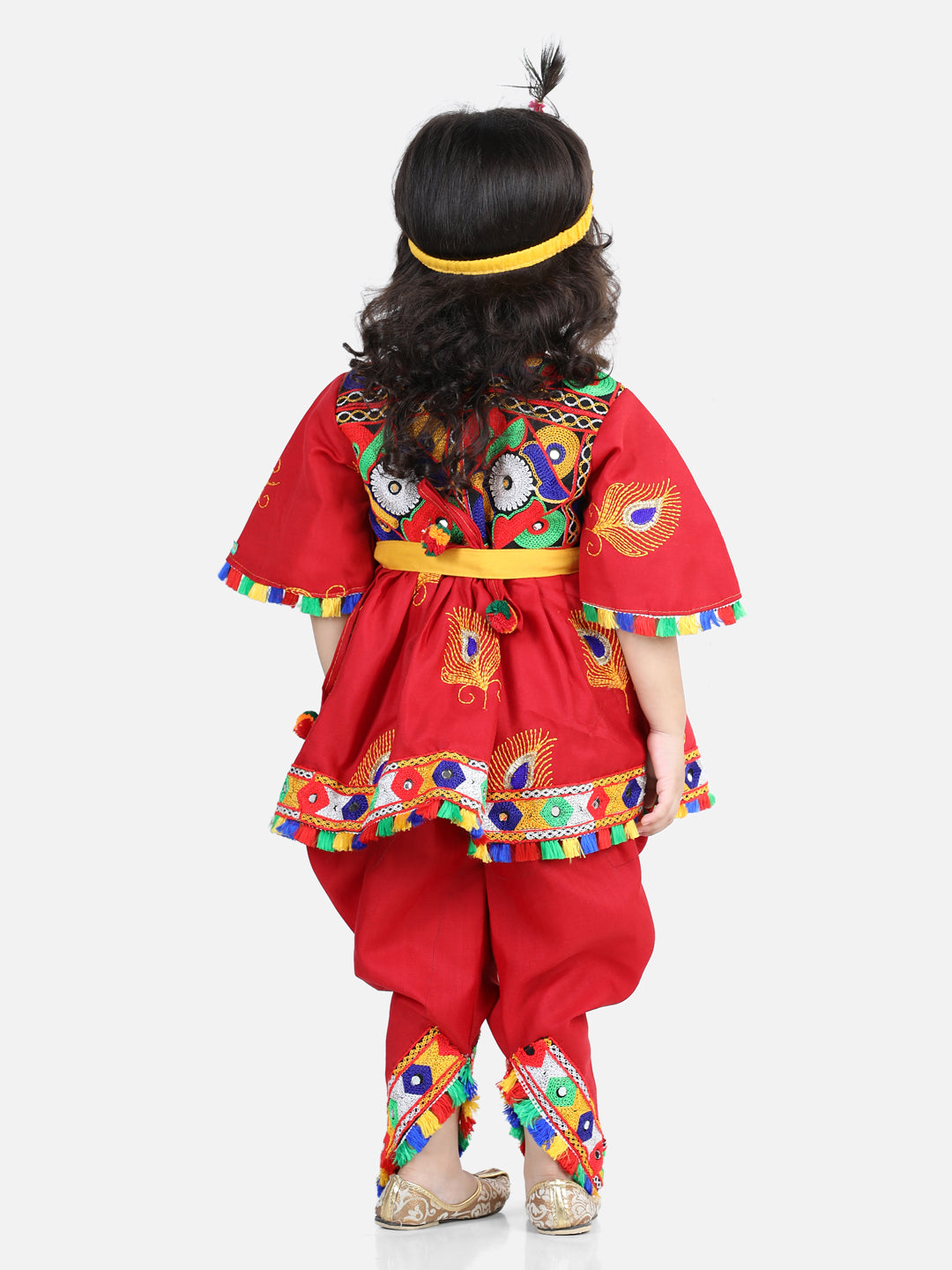 BownBee Embroidered Dhoti Top Radha Dress with Mukut Bansuri Belt for Girls-Red