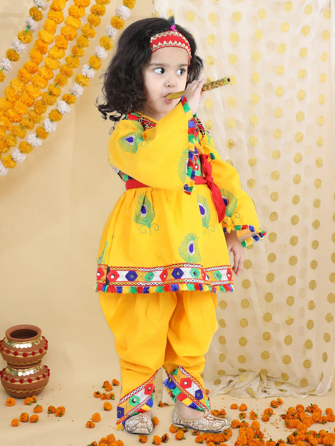 BownBee Embroidered Dhoti Top Radha Dress with Mukut Bansuri Belt for Girls-Yellow