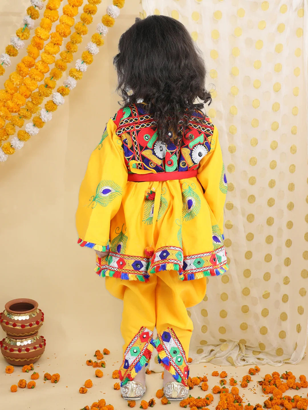 BownBee Embroidered Dhoti Top Radha Dress with Mukut Bansuri Belt for Girls-Yellow