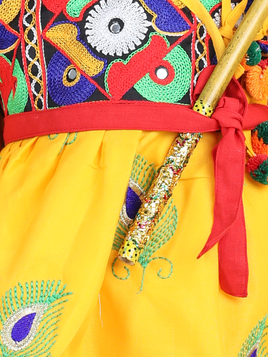 BownBee Embroidered Krishna Kanhaiya Dhoti Kurta and Radha Indo western Top Dhoti with Mukut Bansuri Belt -Yellow