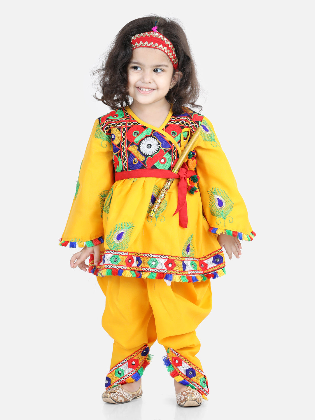BownBee Embroidered Dhoti Top Radha Dress with Mukut Bansuri Belt for Girls-Yellow