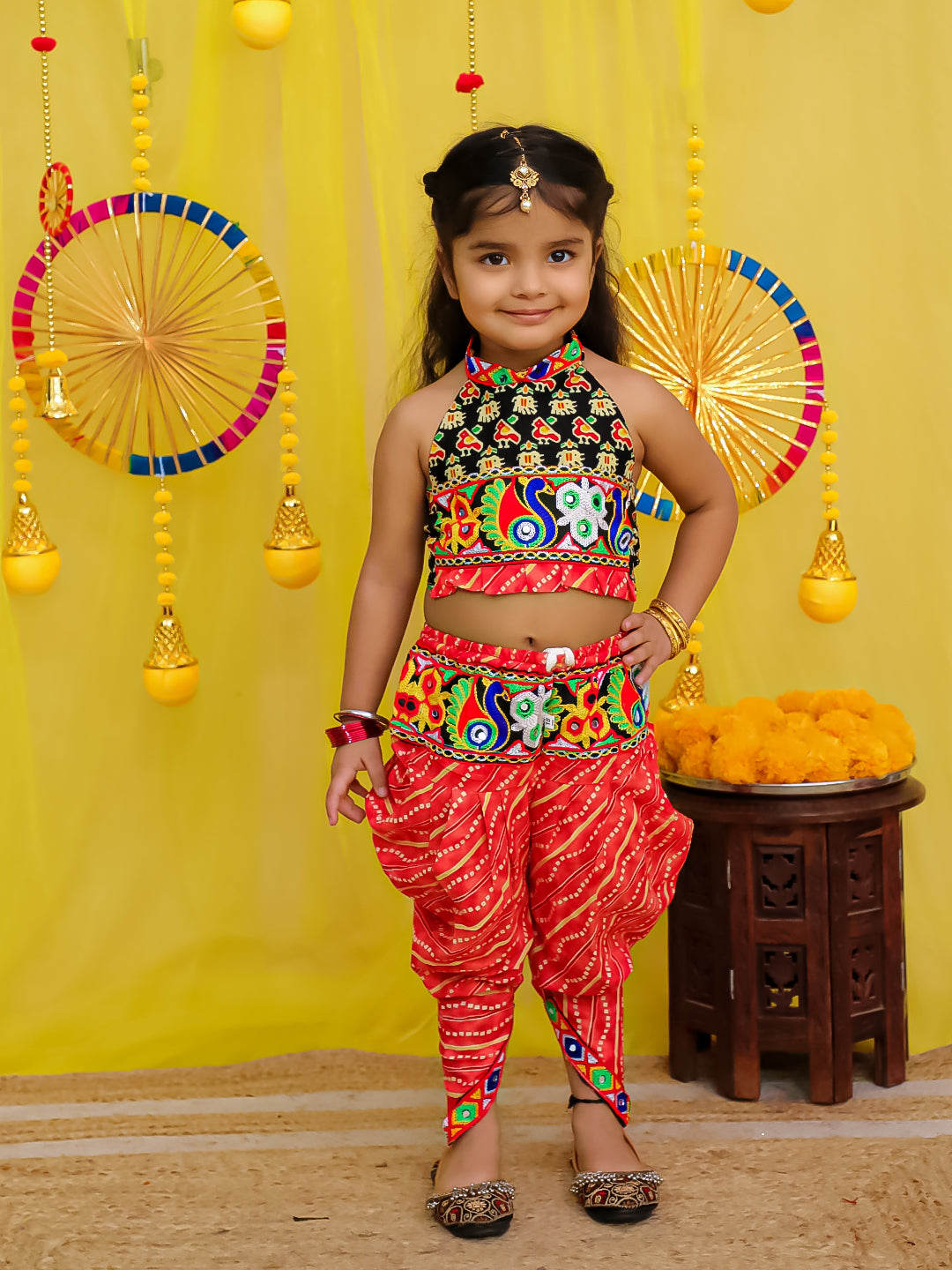 BownBee  Pure Cotton Embroidered  Indo -Western Choli With Dhoti Set For Girls - Blue