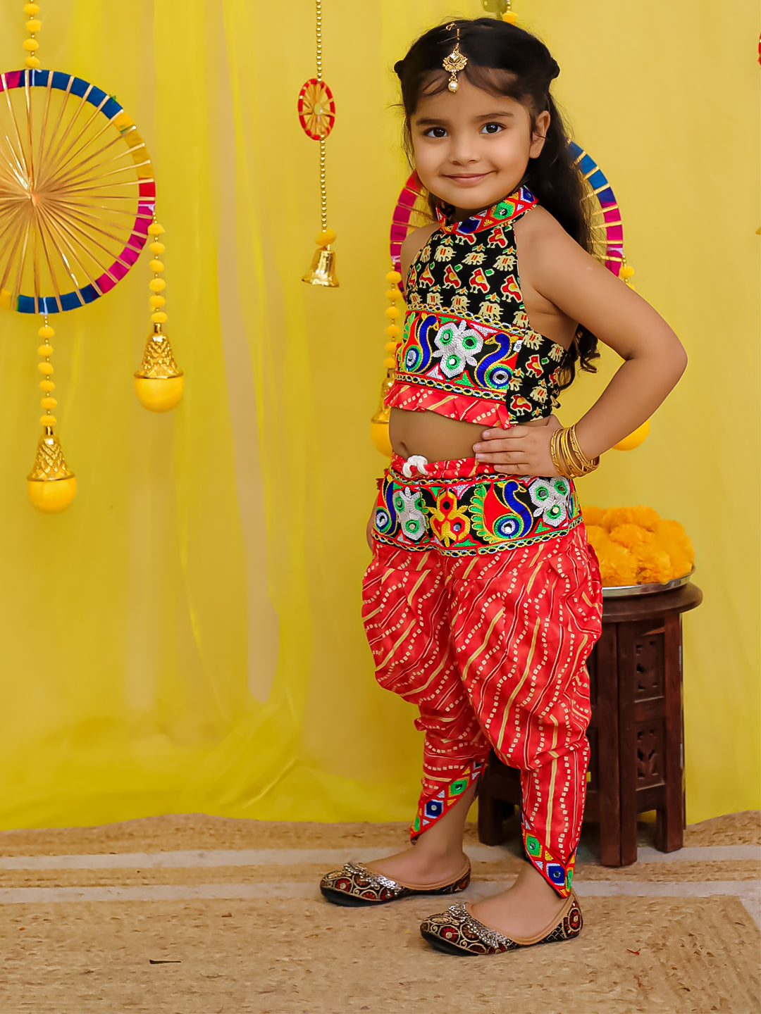 BownBee  Pure Cotton Embroidered  Indo -Western Choli With Dhoti Set For Girls - Blue