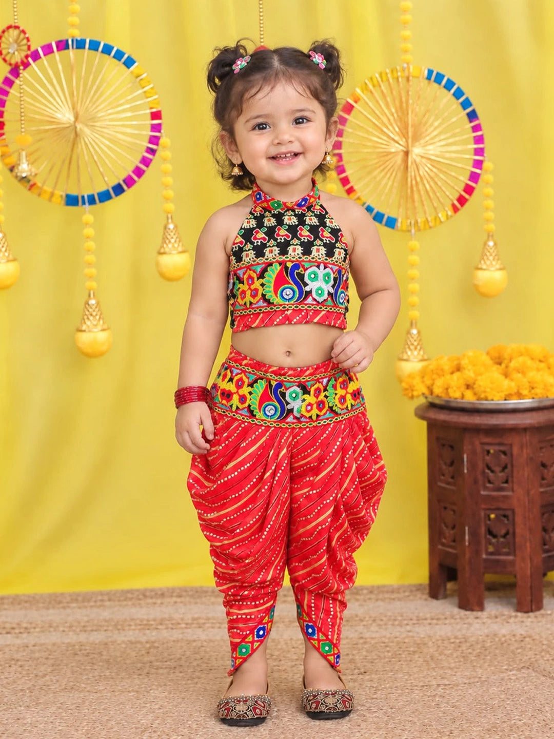 BownBee  Pure Cotton Embroidered  Indo -Western Choli With Dhoti Set For Girls - Blue