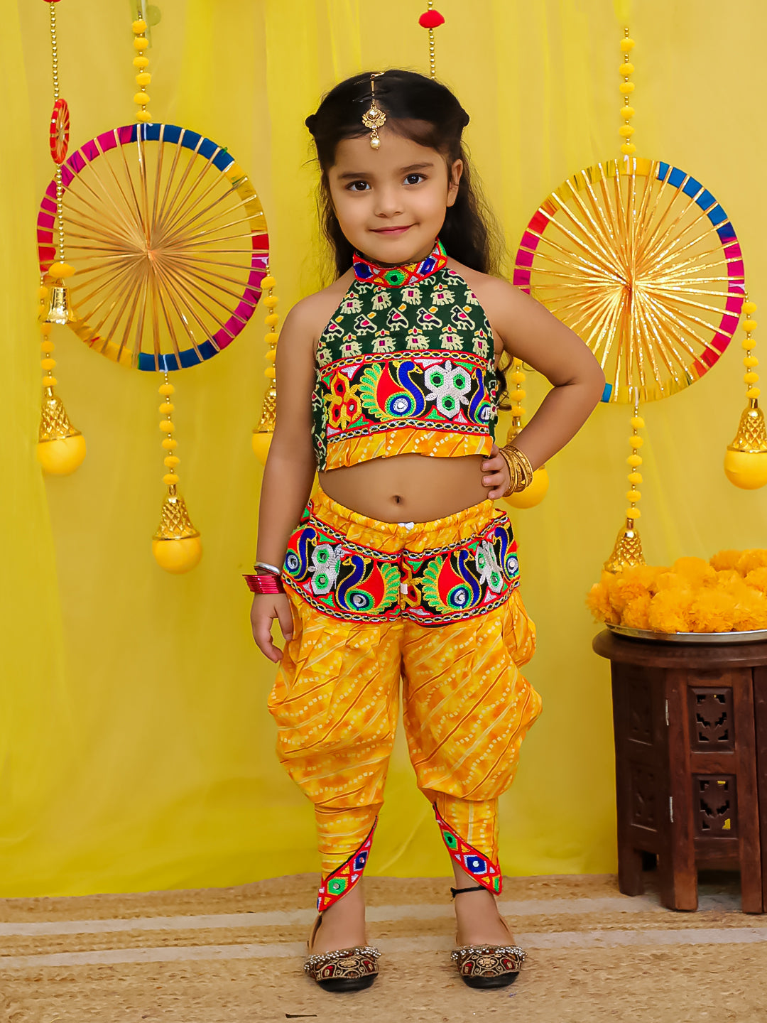 BownBee  Pure Cotton Embroidered  Indo -Western Choli With Dhoti Set For Girls - Blue