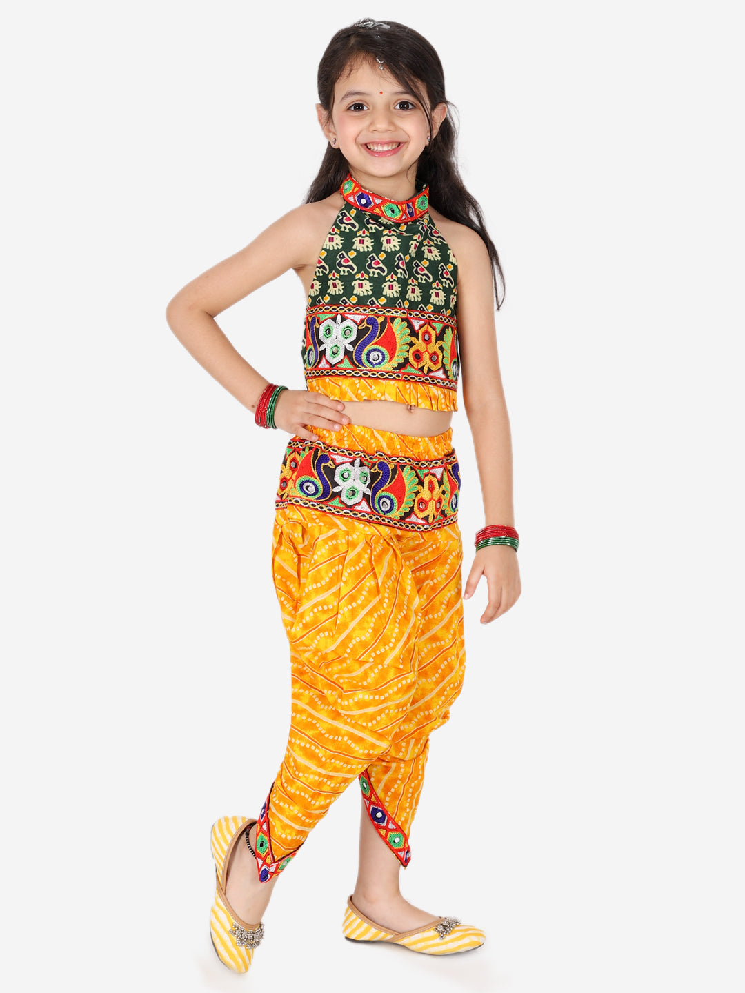 BownBee Halter Neck Printed Cotton Choli With Dhoti-Green