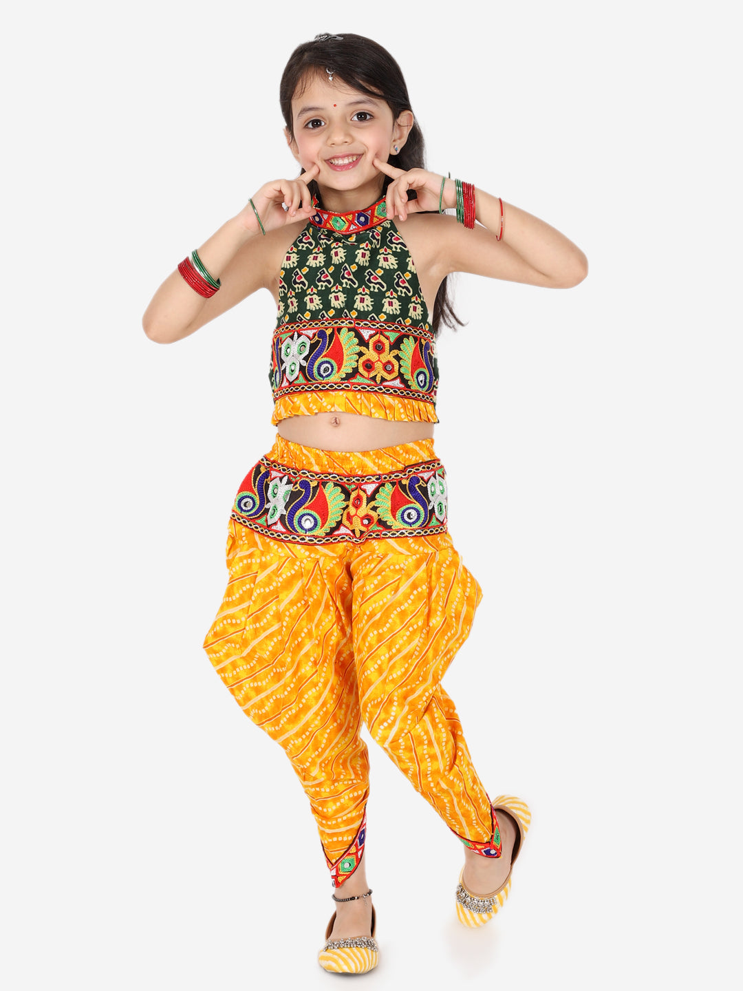 BownBee Printed Cotton Kurta with Dhoti for Boys and Halter Neck Printed Cotton Choli With Dhoti for Girls-Green