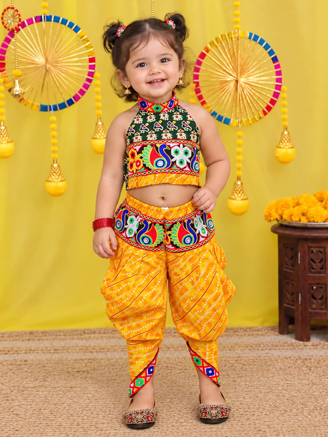 BownBee  Pure Cotton Embroidered  Indo -Western Choli With Dhoti Set For Girls - Green