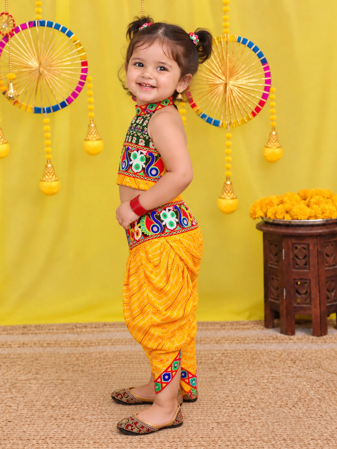 BownBee  Pure Cotton Embroidered  Indo -Western Choli With Dhoti Set For Girls - Green