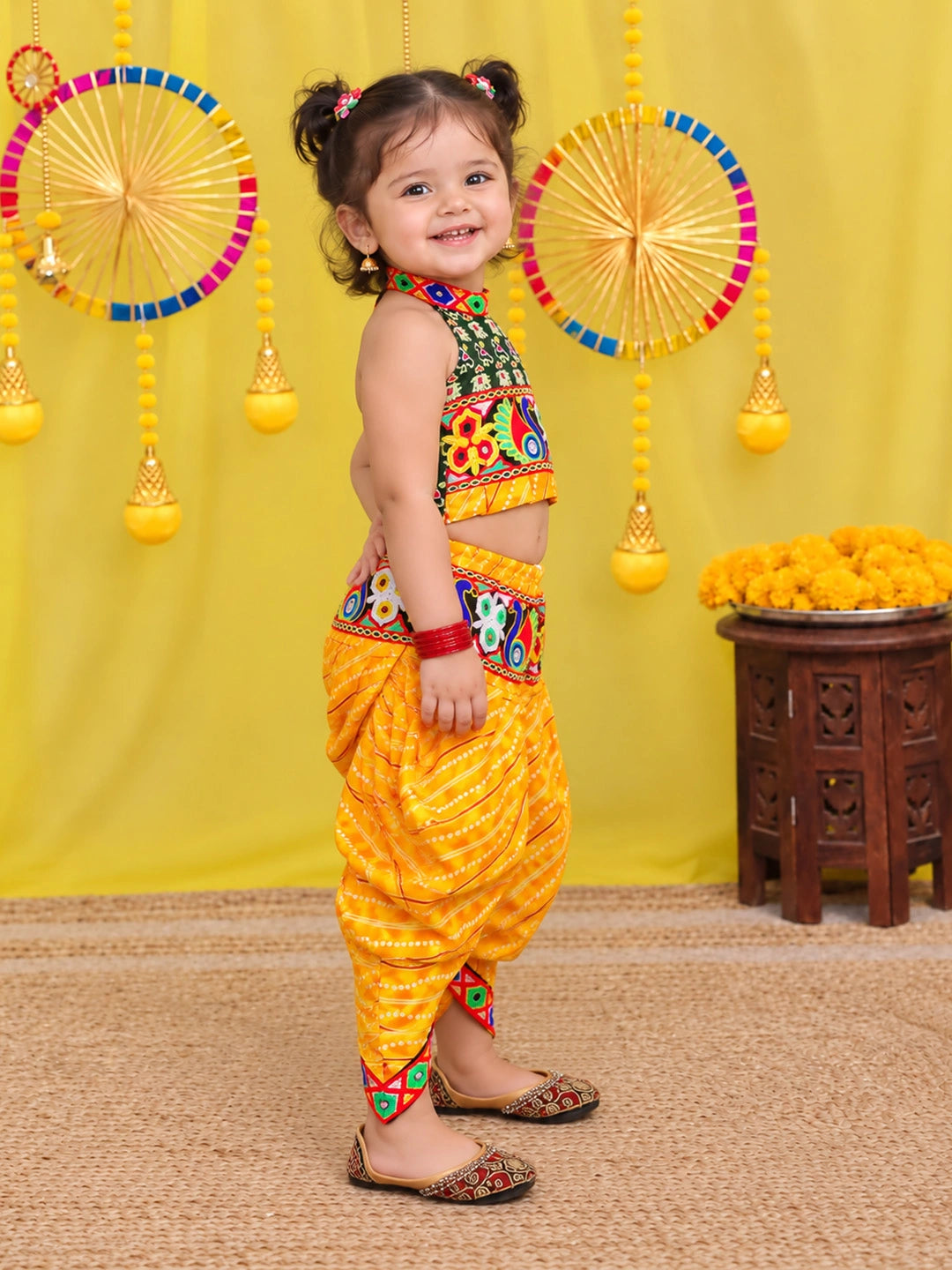 BownBee  Pure Cotton Embroidered  Indo -Western Choli With Dhoti Set For Girls - Green
