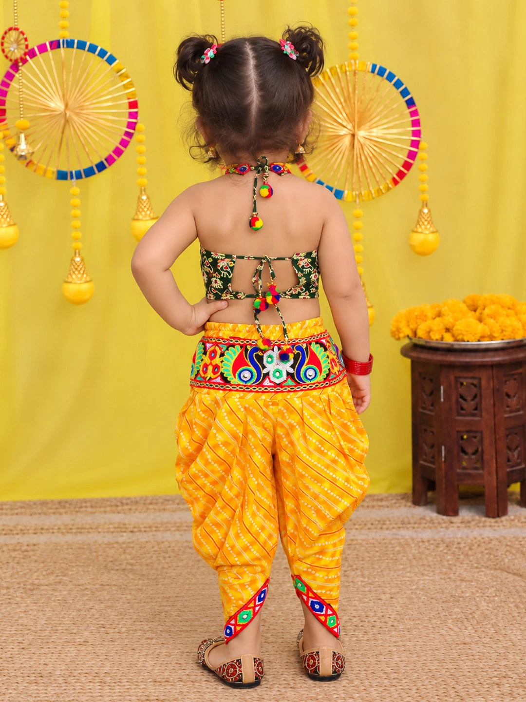 BownBee  Pure Cotton Embroidered  Indo -Western Choli With Dhoti Set For Girls - Green