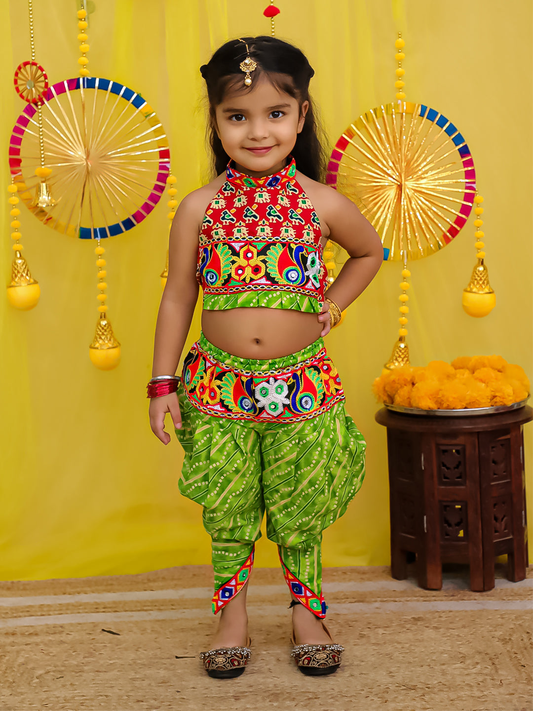 BownBee  Pure Cotton Embroidered Choli With Dhoti Set For Girls - Maroon