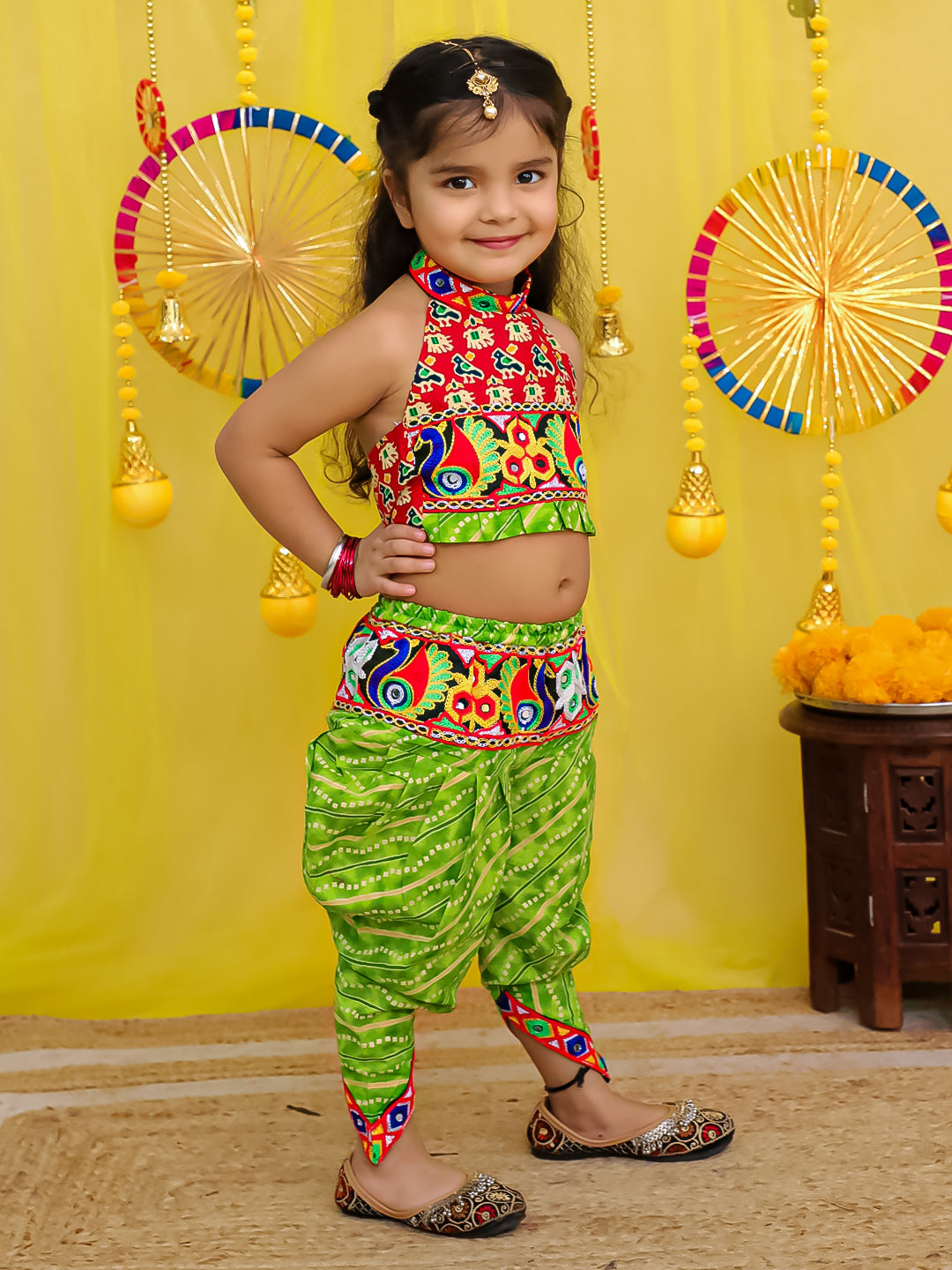 BownBee  Pure Cotton Embroidered Choli With Dhoti Set For Girls - Maroon