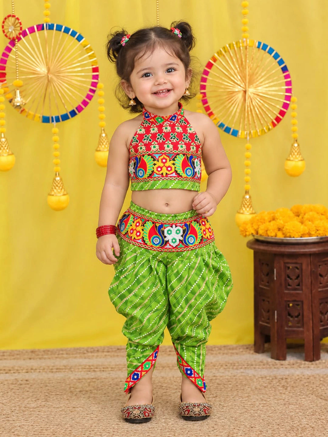 BownBee  Pure Cotton Embroidered Choli With Dhoti Set For Girls - Maroon