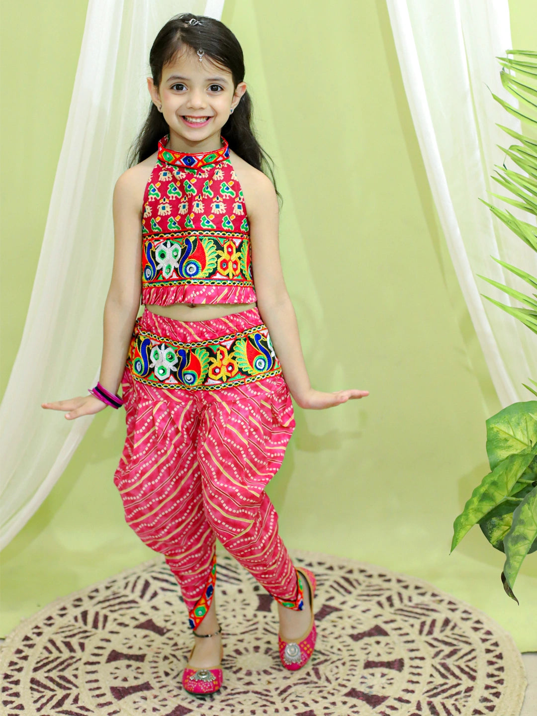 BownBee Halter Neck Printed Cotton Choli With Dhoti