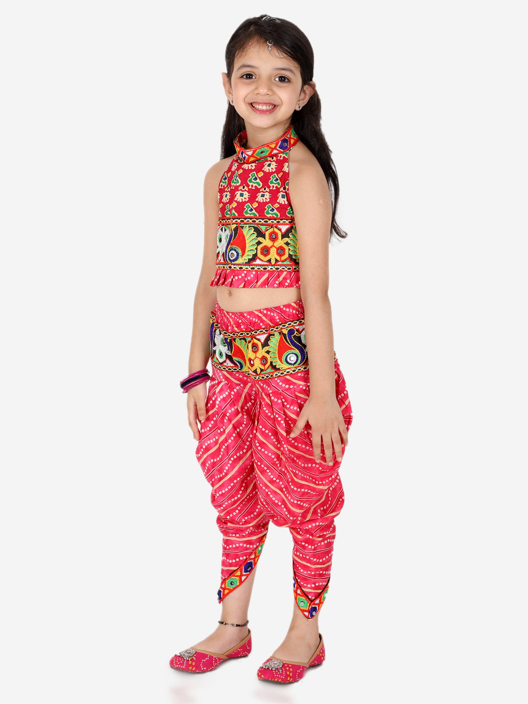 BownBee Printed Cotton Kurta with Dhoti for Boys and Halter Neck Printed Cotton Choli With Dhoti for Girls-Pink