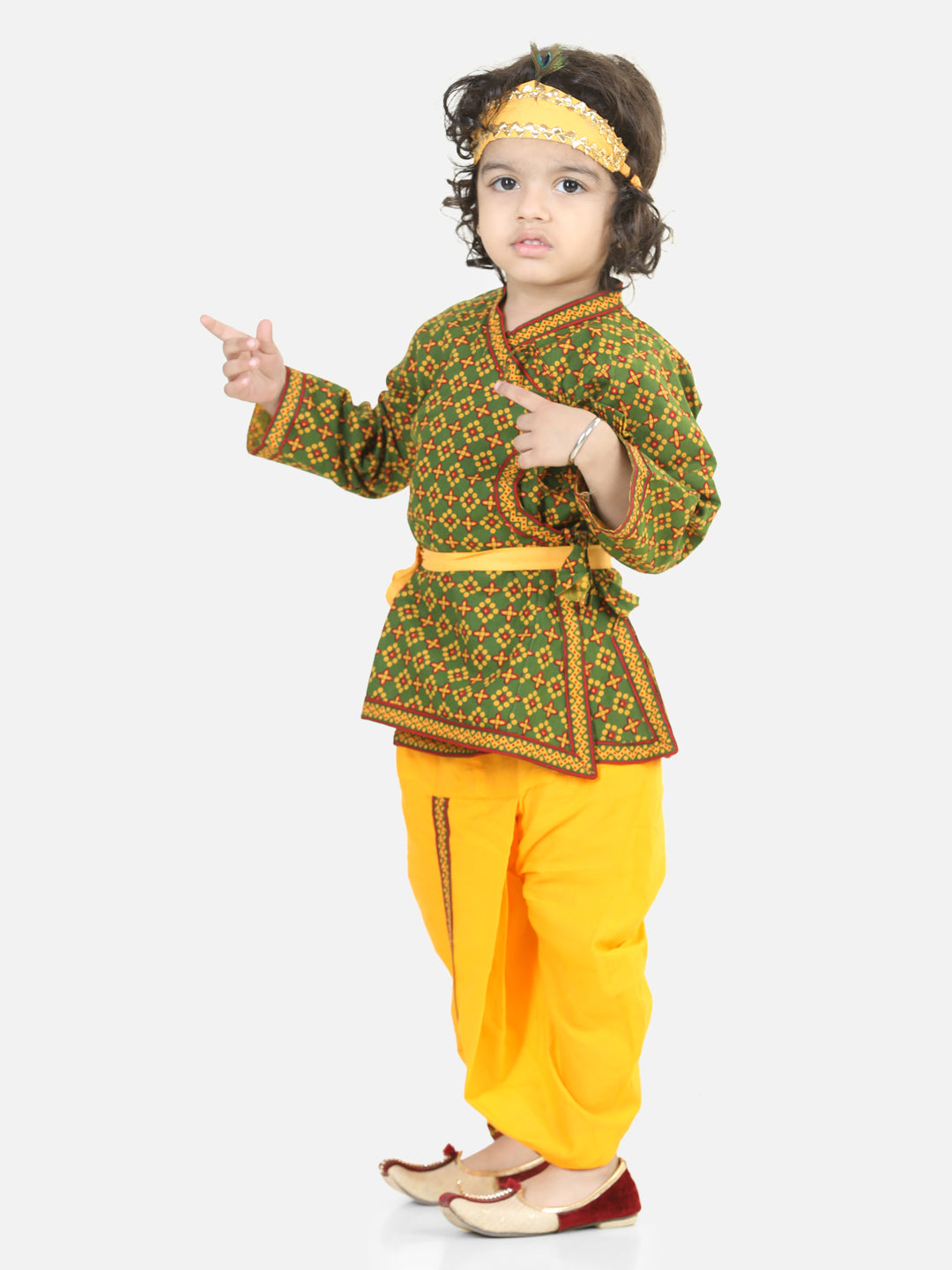 BownBee Cotton Angrakha Kanhaiya Dress With Bansuri,Mukut & Band- Green