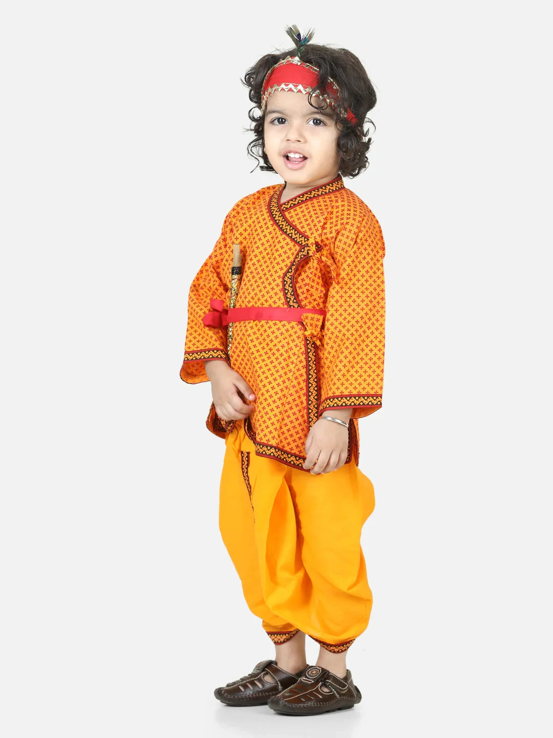 BownBee Cotton Angrakha Kanhaiya Dress With Bansuri,Mukut & Band- Yellow