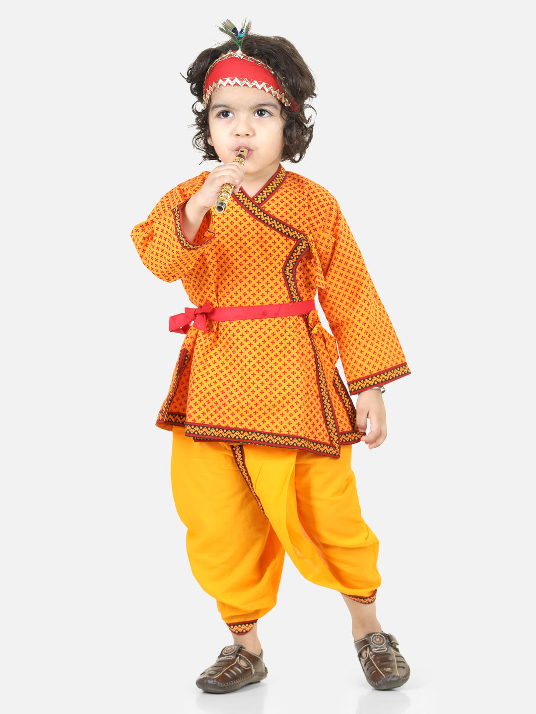 BownBee Cotton Angrakha Kanhaiya Dress With Bansuri,Mukut & Band- Yellow