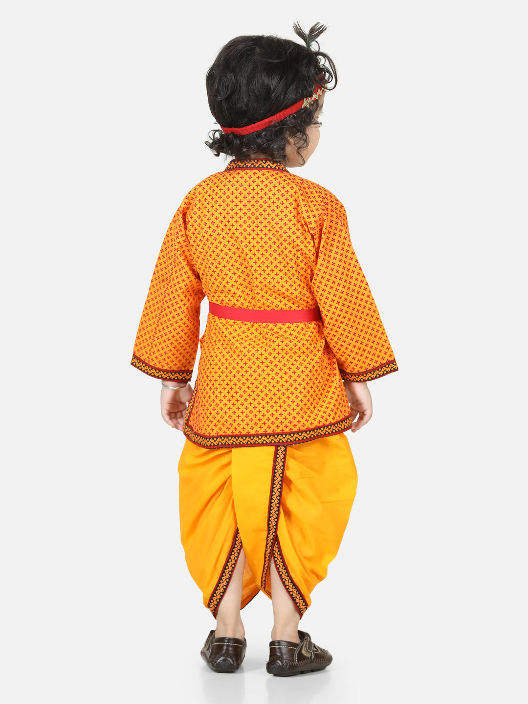 BownBee Cotton Angrakha Kanhaiya Dress With Bansuri,Mukut & Band- Yellow