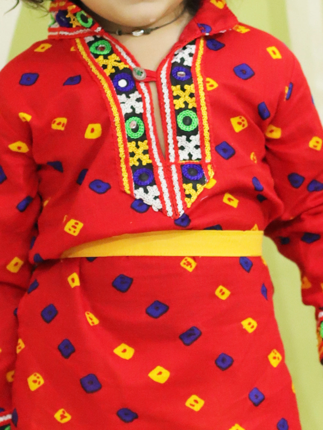 BownBee Sibling  Janmasthami Bandhani Print Cotton Kanhaiya Suit Dress with Bansuri, Mukut Belt and Mirror Work Chaniya Choli with Dupatta sets