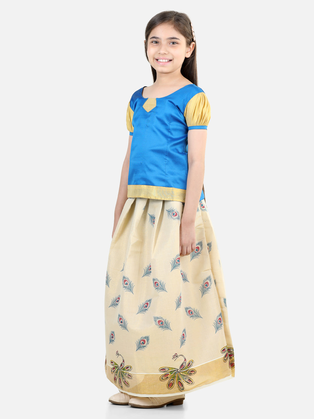 BownBee Silk Half Sleeves Motif Printed South Indian Pavda Pattu Lehenga Choli -Blue