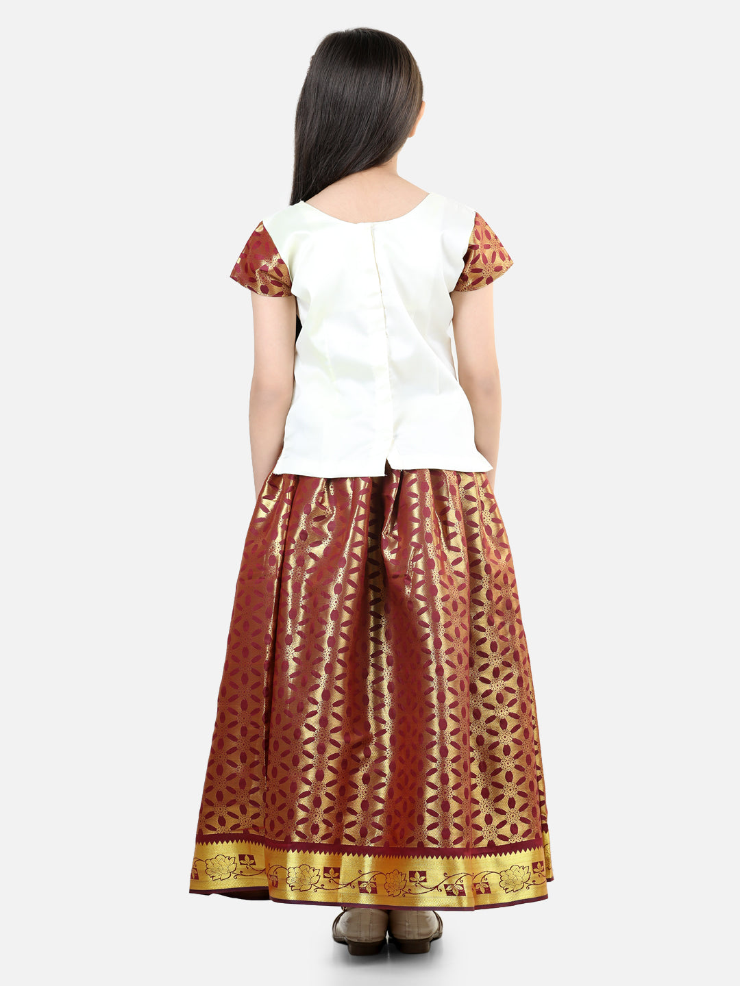 BownBee Silk Half Sleeves Motif Printed South Indian Pavda Pattu Lehenga Choli - White