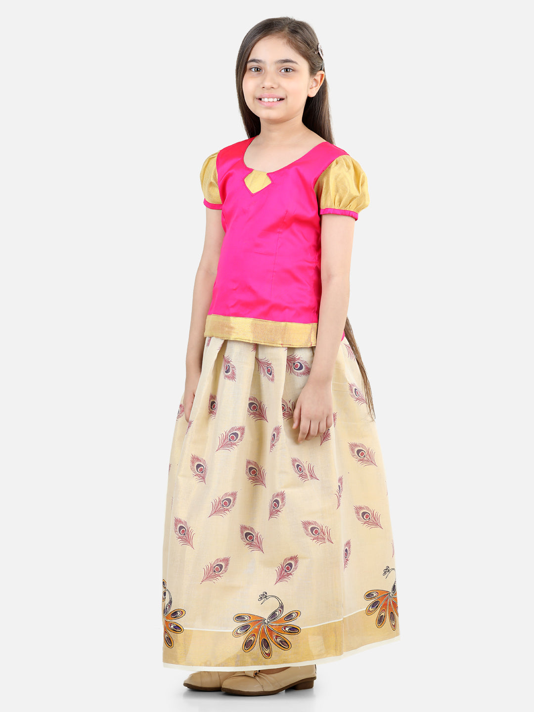 BownBee Silk Half Sleeves Motif Printed South Indian Pavda Pattu Lehenga Choli -Pink
