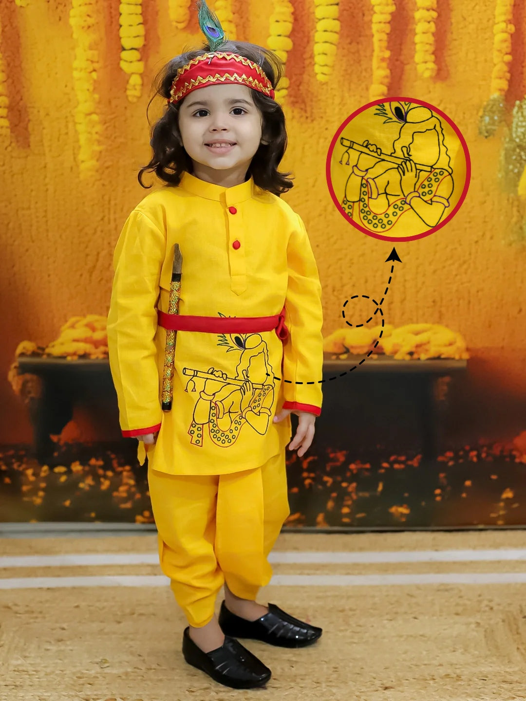 BownBee Cotton Full Sleeve Kurta Dhoti with Mukut Belt and Bansuri Kanhaiya Set