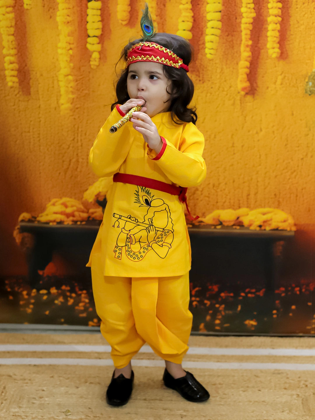 BownBee Cotton Full Sleeve Kurta Dhoti with Mukut Belt and Bansuri Kanhaiya Set - Yellow