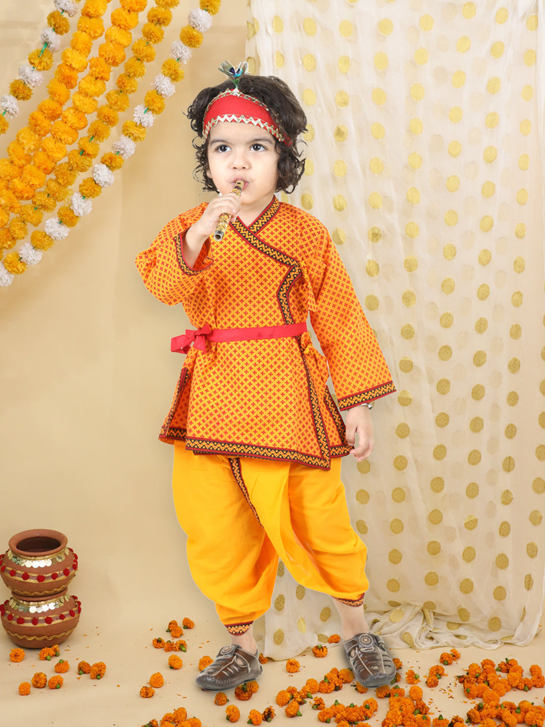 BownBee Pure Cotton printed Angarakha Kanhaiya Kurta Dhoti With Bansuri ,Mukut & Belt Set For Boys - Yellow