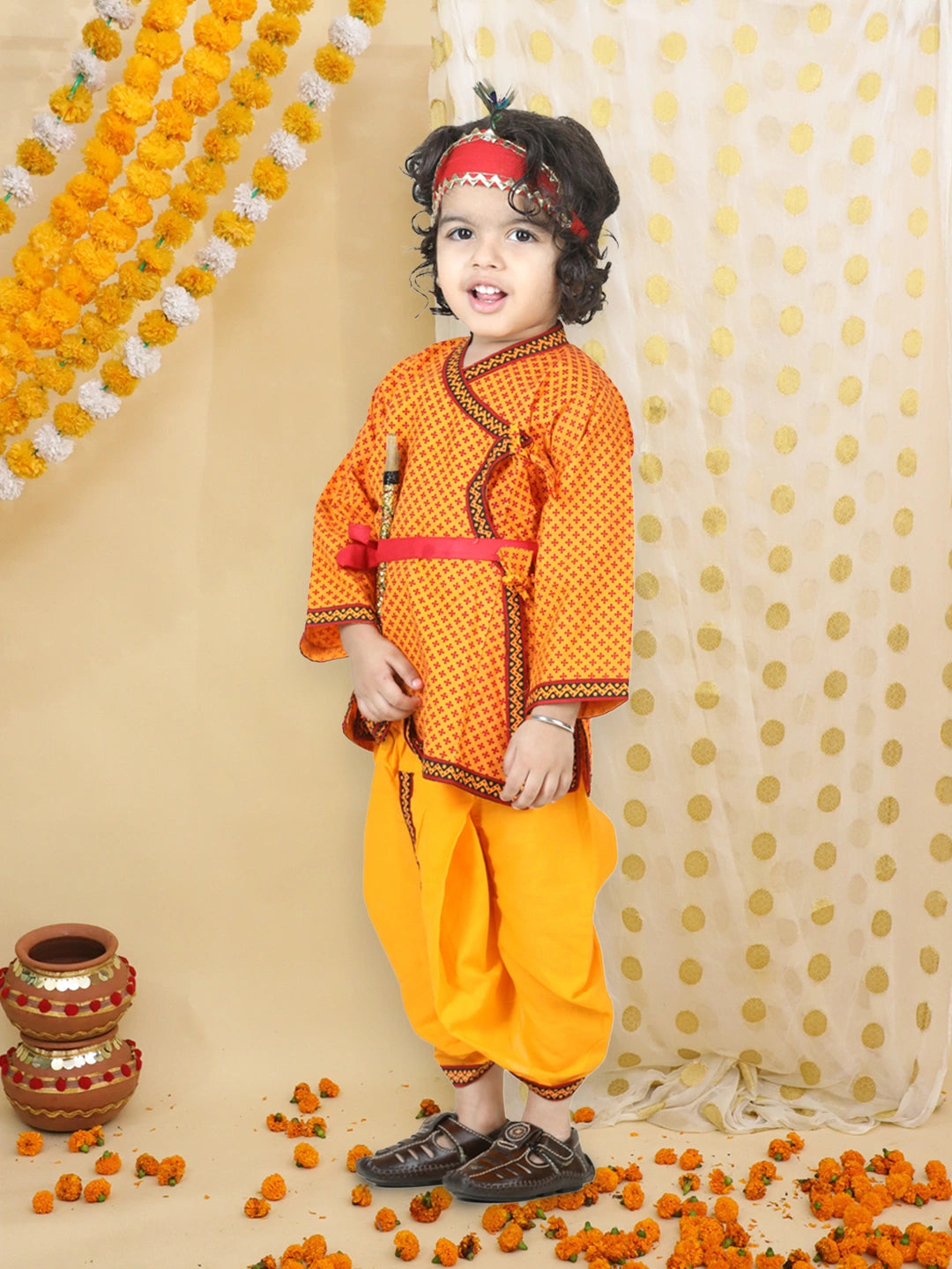 BownBee Pure Cotton printed Angarakha Kanhaiya Kurta Dhoti With Bansuri ,Mukut & Belt Set For Boys - Yellow